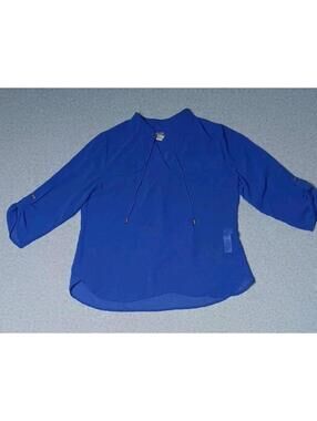 Chicos Sheer 3/4 Sleeve Blouse Womens Size 1 Blueish Purple Vneck Tie Neck...